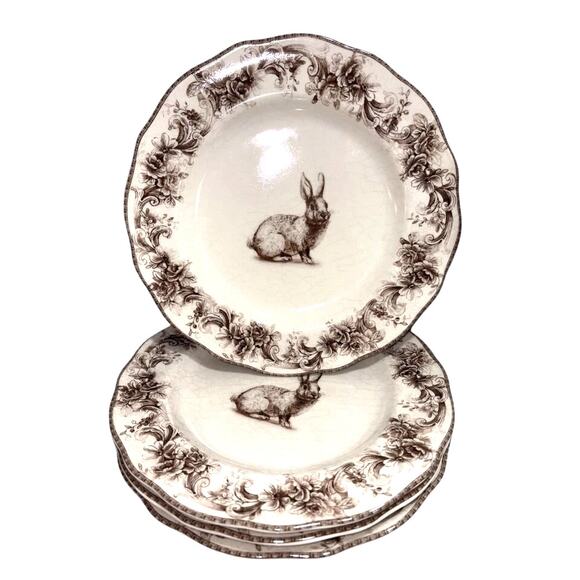 222 Fifth ARABELLA Brown & White Bunny Dinner Plates 12in Set of 4 New - Picture 2 of 10